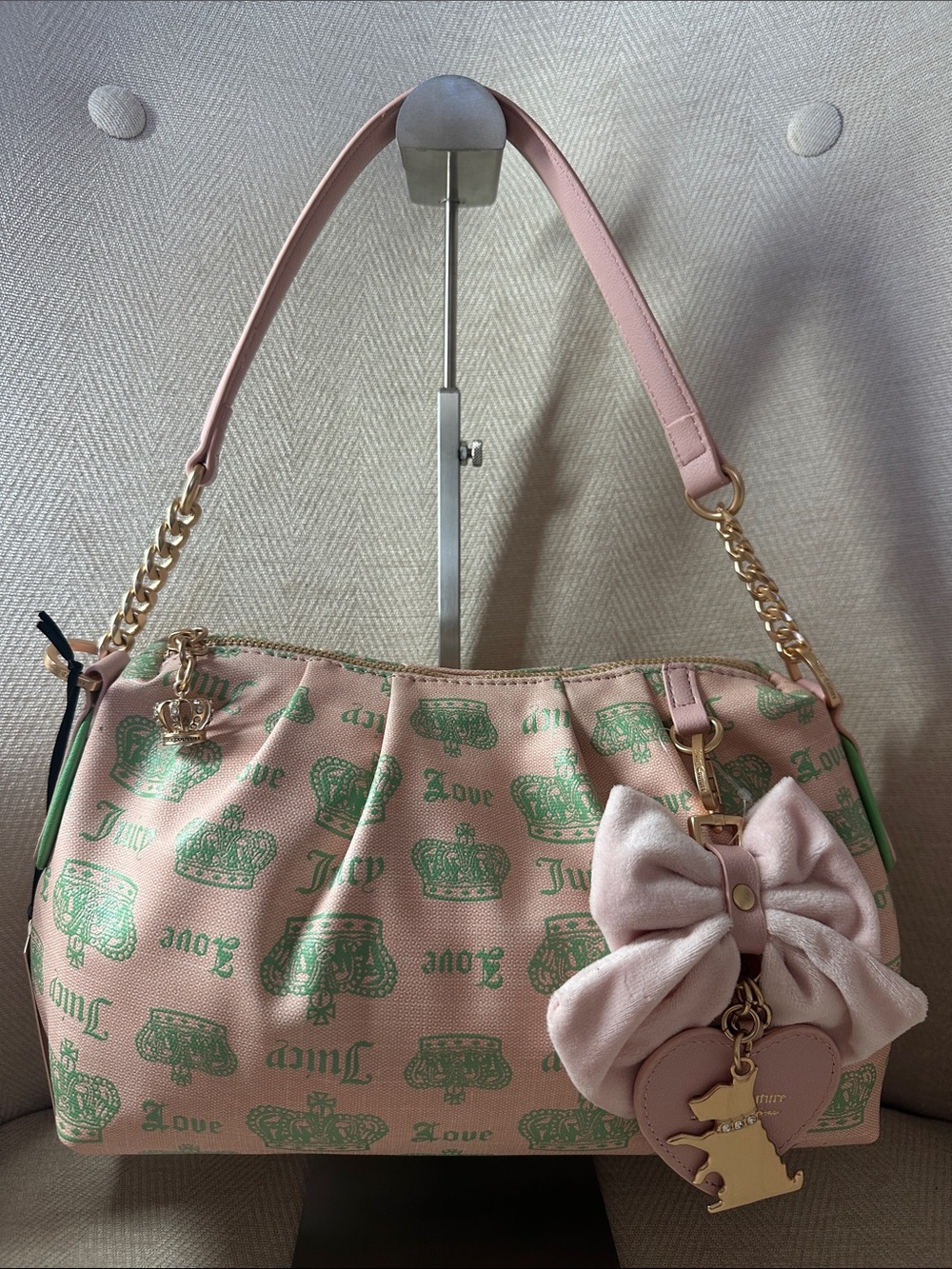 Juicy Couture Pink Printed Bow Accent Shoulder Bag